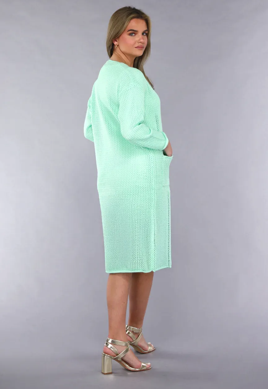 Oversized Mintgroen Gebreid Vest met Knopen en Zakken