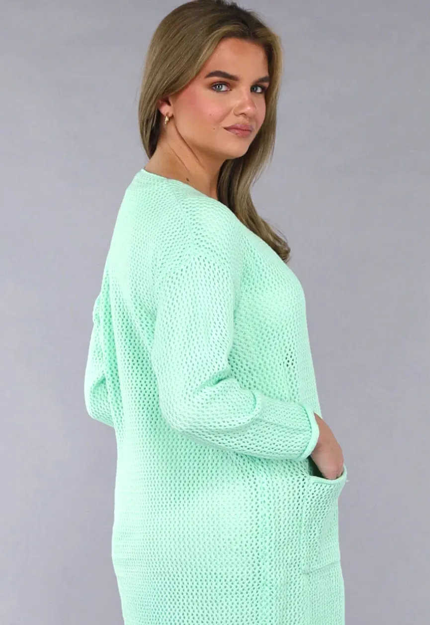 Oversized Mintgroen Gebreid Vest met Knopen en Zakken