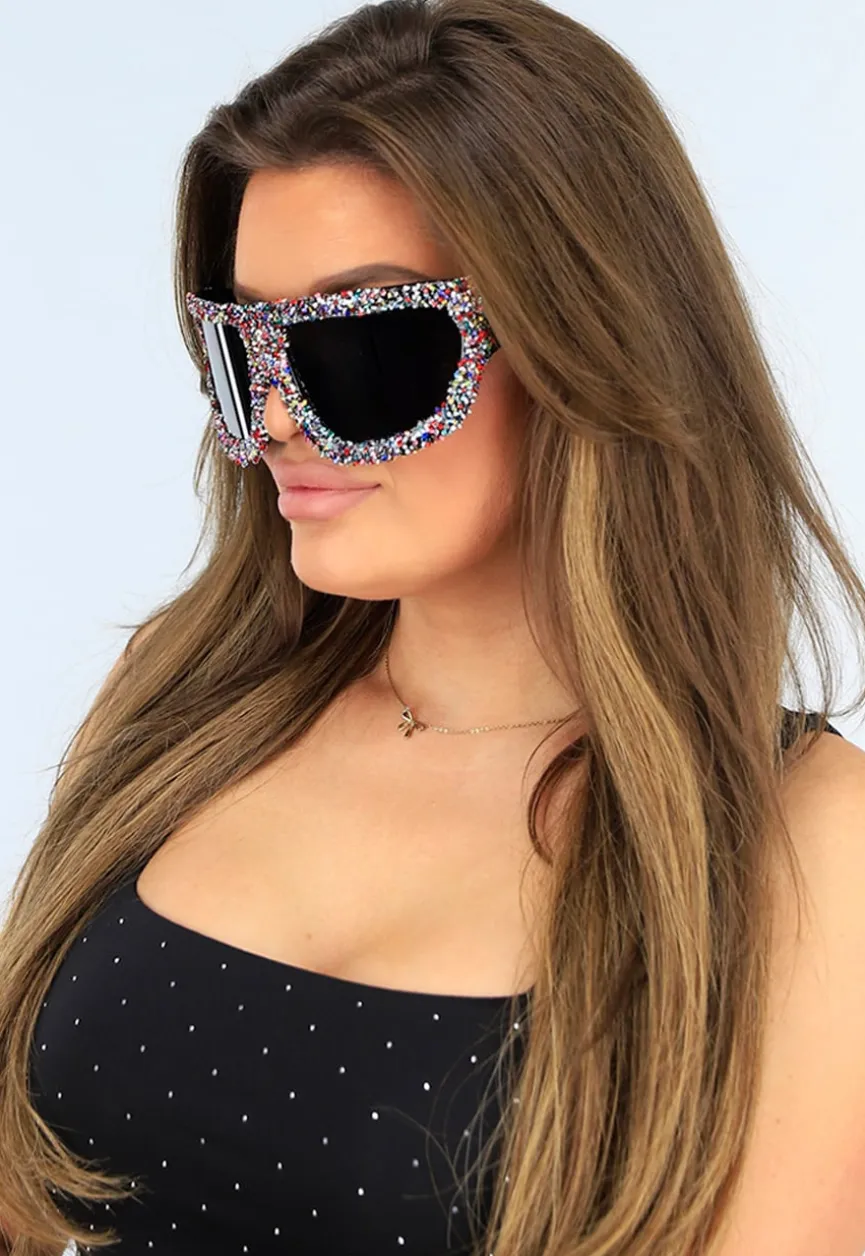 Oversized Skibril Multicolor Zonnebril met Donkere Glazen en Glitters