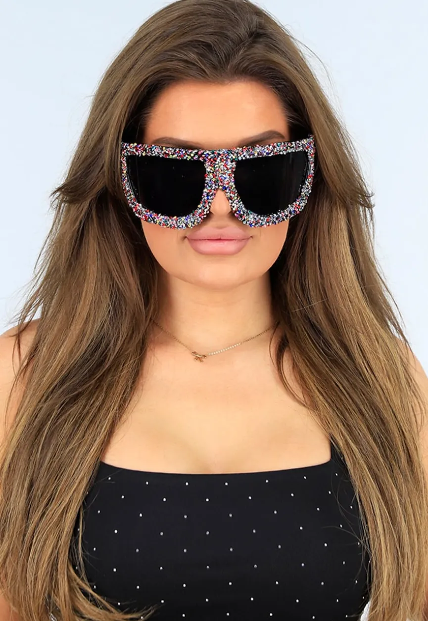 Oversized Skibril Multicolor Zonnebril met Donkere Glazen en Glitters
