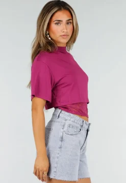 Paarse Crop Top met Kanten Taille en Korte Mouwen