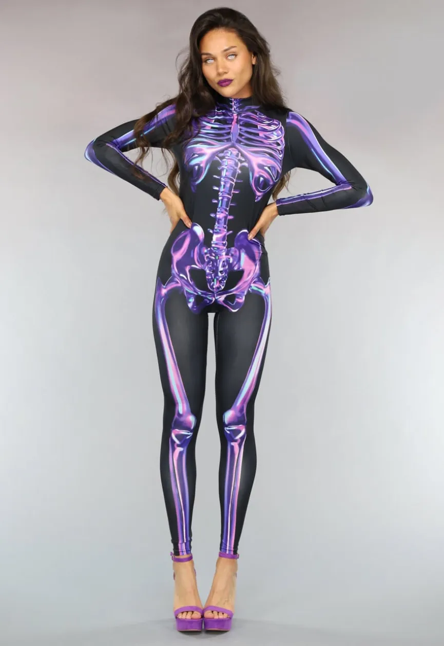 Paarse Cyber Skeletten Print Jumpsuit