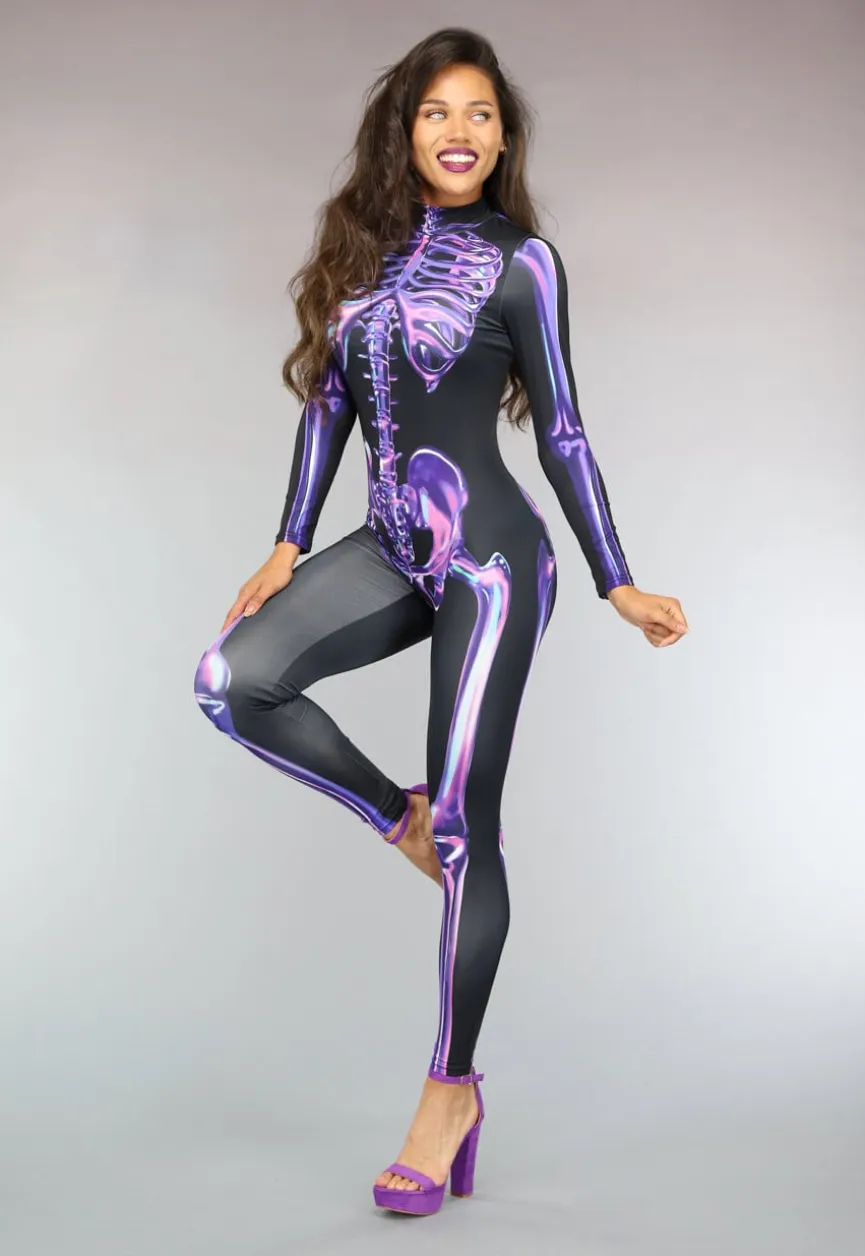 Paarse Cyber Skeletten Print Jumpsuit