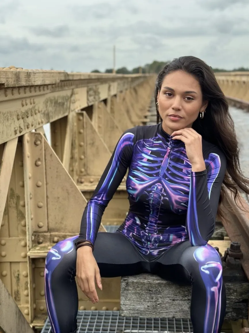 Paarse Cyber Skeletten Print Jumpsuit