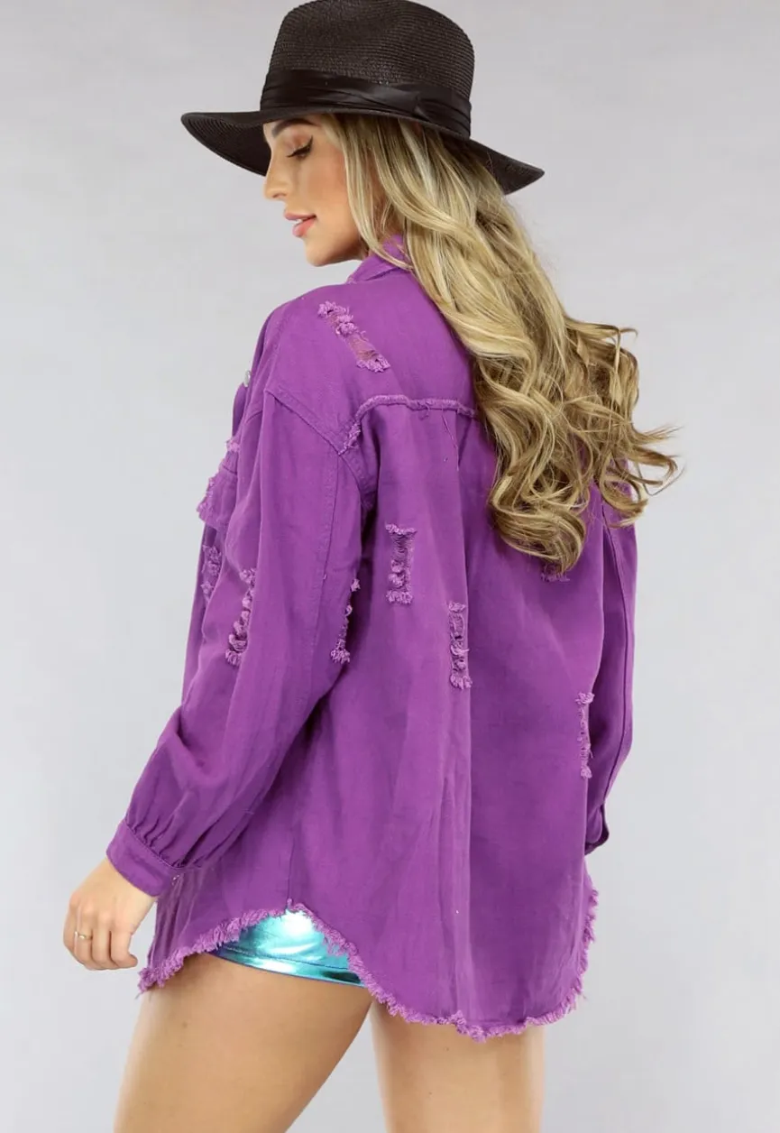 Paarse Denim Blouse met Zakken