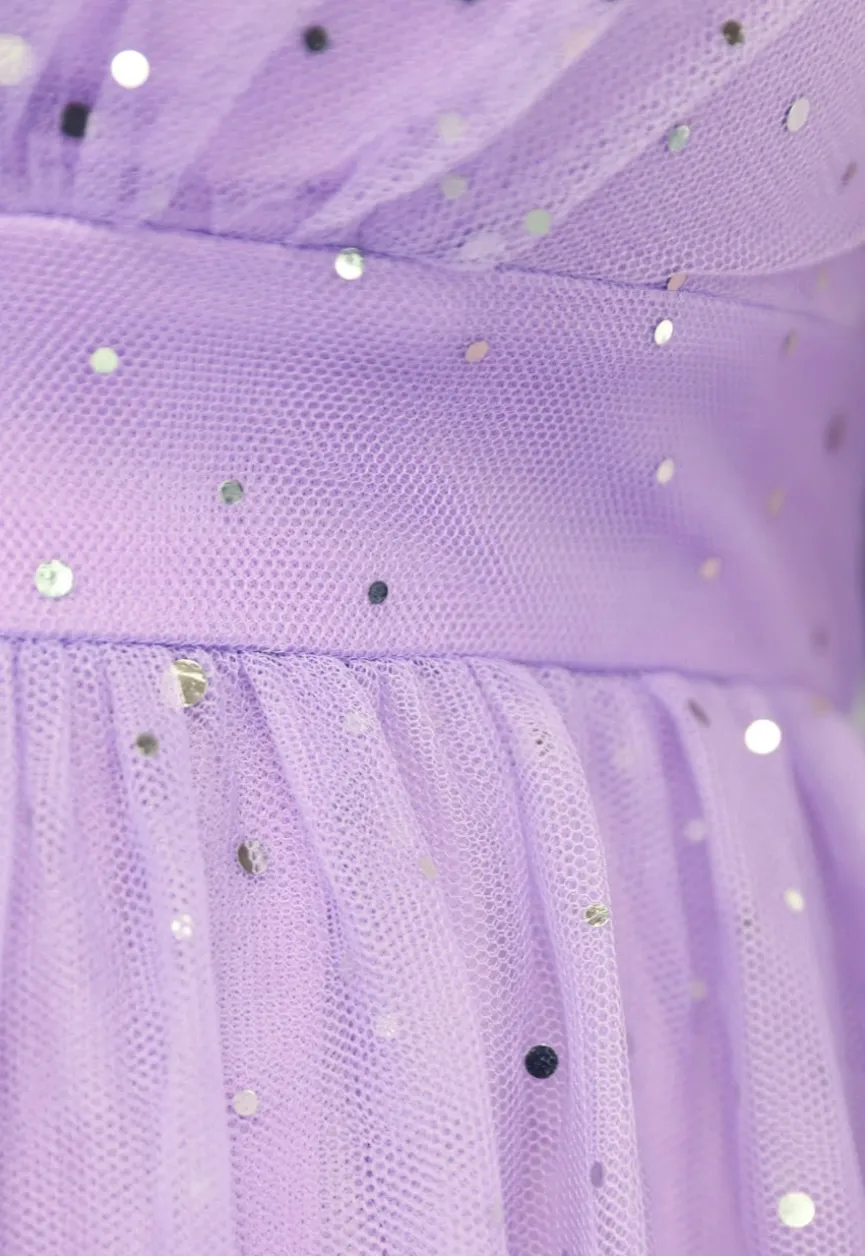 Paarse Glitter Maxi Jurk met Mesh Mouwen