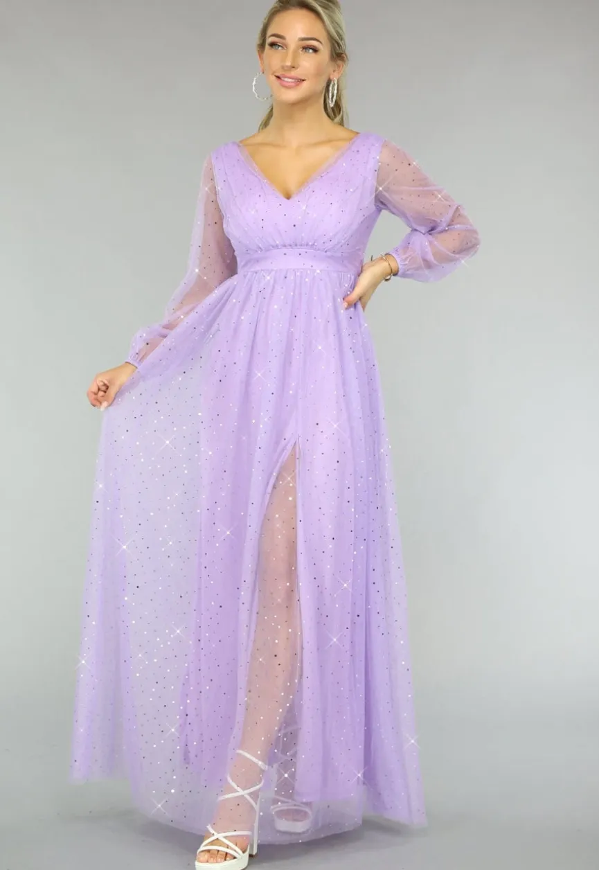 Paarse Glitter Maxi Jurk met Mesh Mouwen