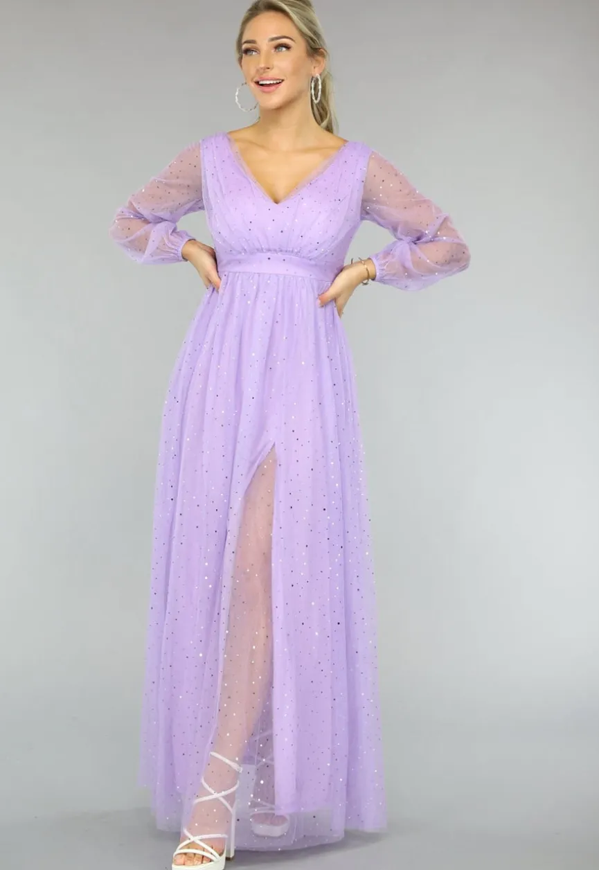 Paarse Glitter Maxi Jurk met Mesh Mouwen