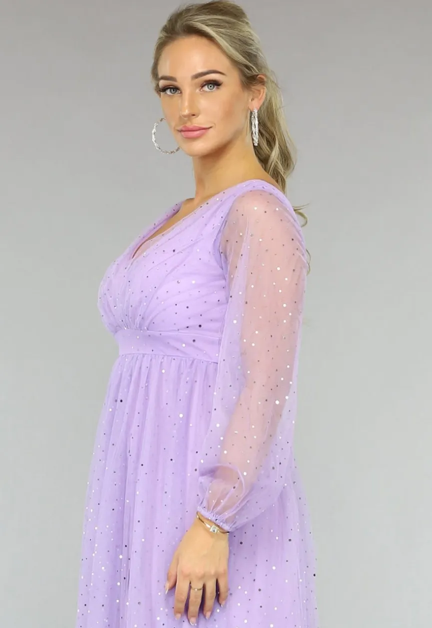 Paarse Glitter Maxi Jurk met Mesh Mouwen