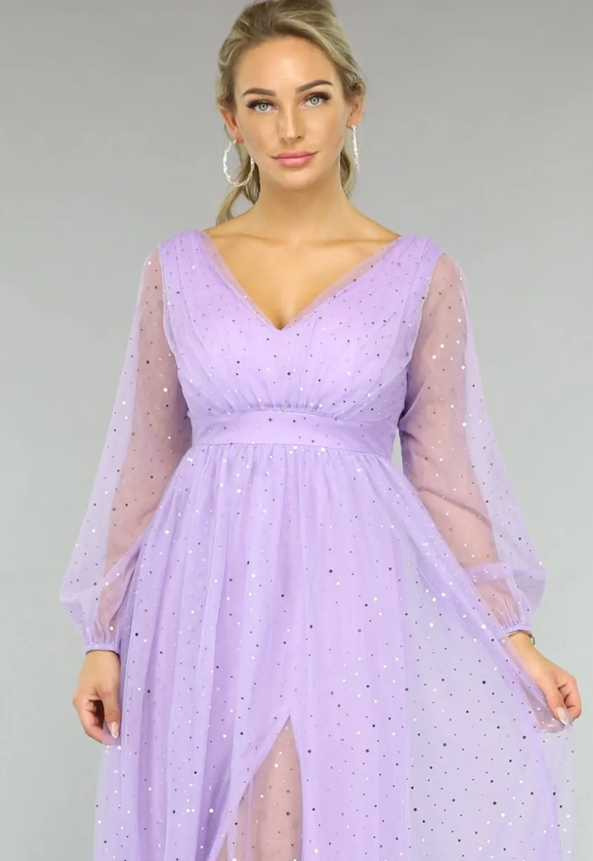 Paarse Glitter Maxi Jurk met Mesh Mouwen