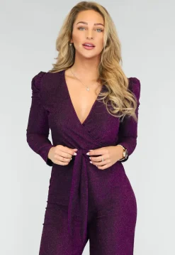 Paarse Glitter Puff Jumpsuit met Tailleband