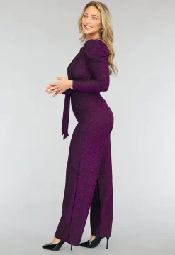 Paarse Glitter Puff Jumpsuit met Tailleband