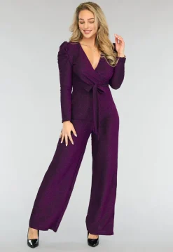 Paarse Glitter Puff Jumpsuit met Tailleband
