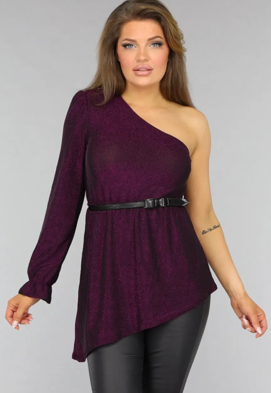 Paarse Glitter Top met One Sleeve