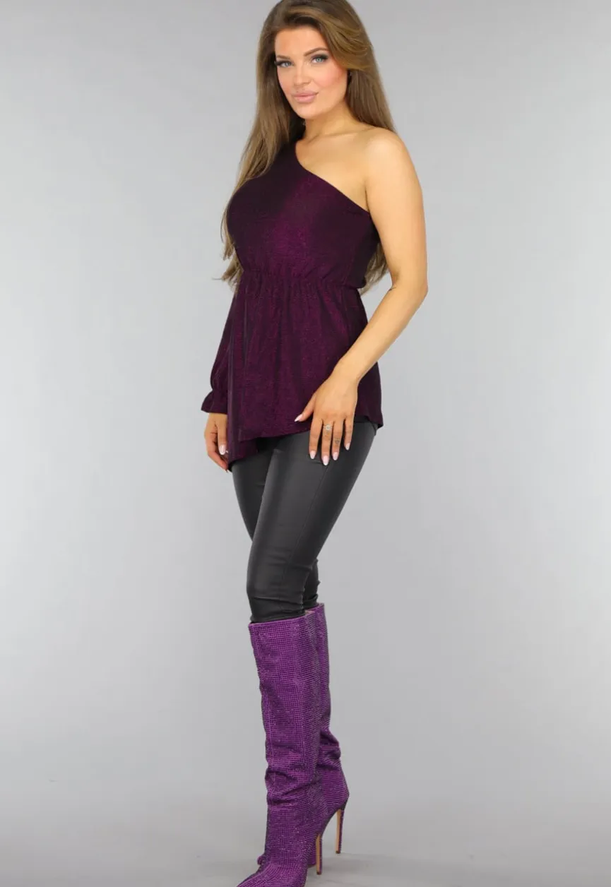 Paarse Glitter Top met One Sleeve