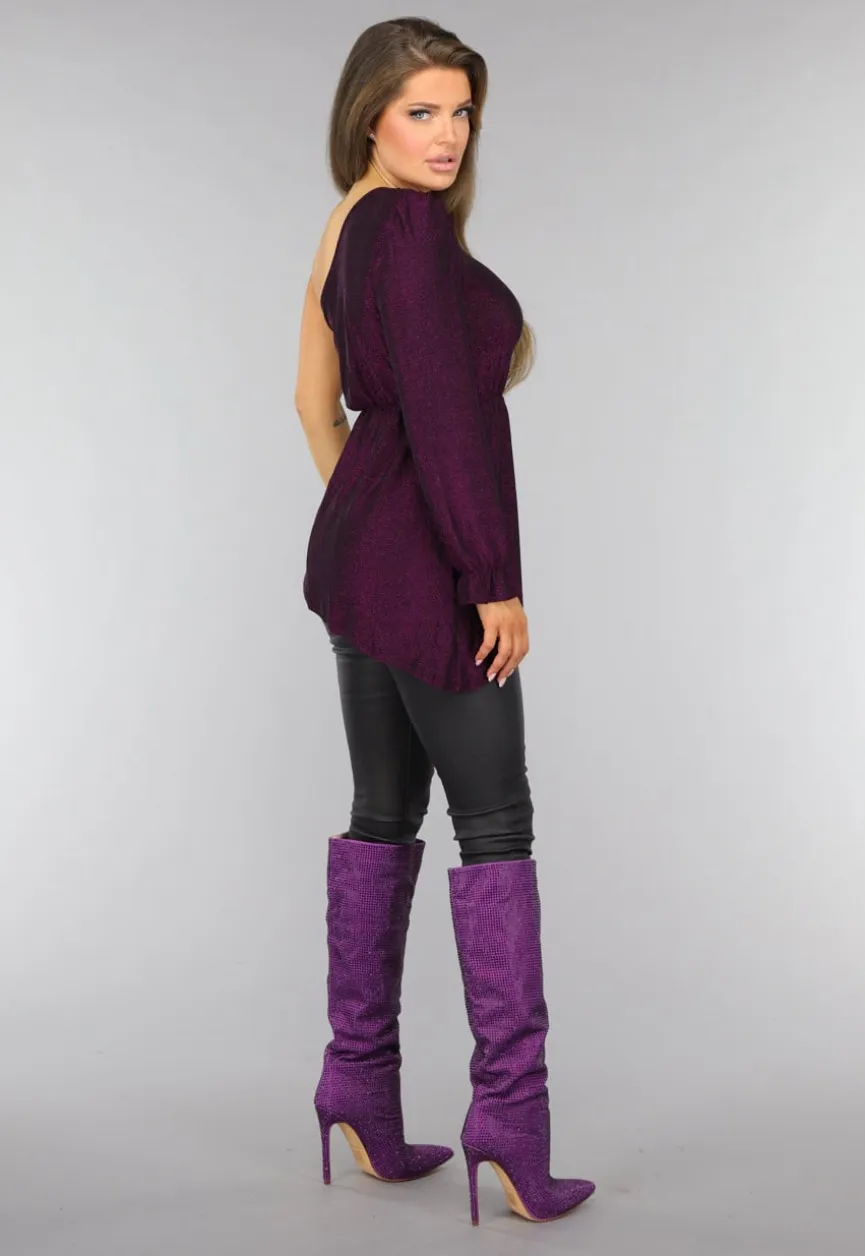 Paarse Glitter Top met One Sleeve