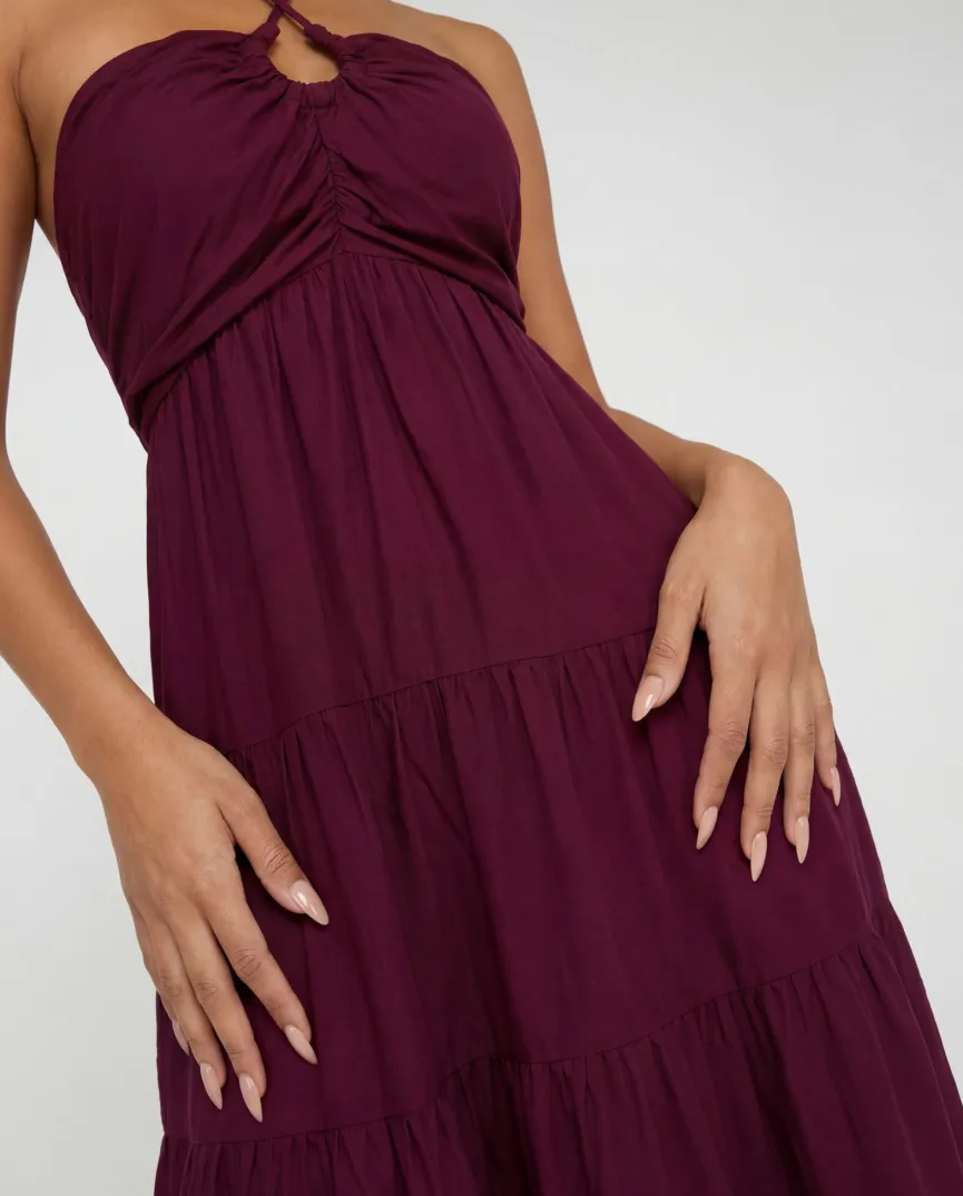 Paarse Halter Midi Jurk met Volants en Elastische Band