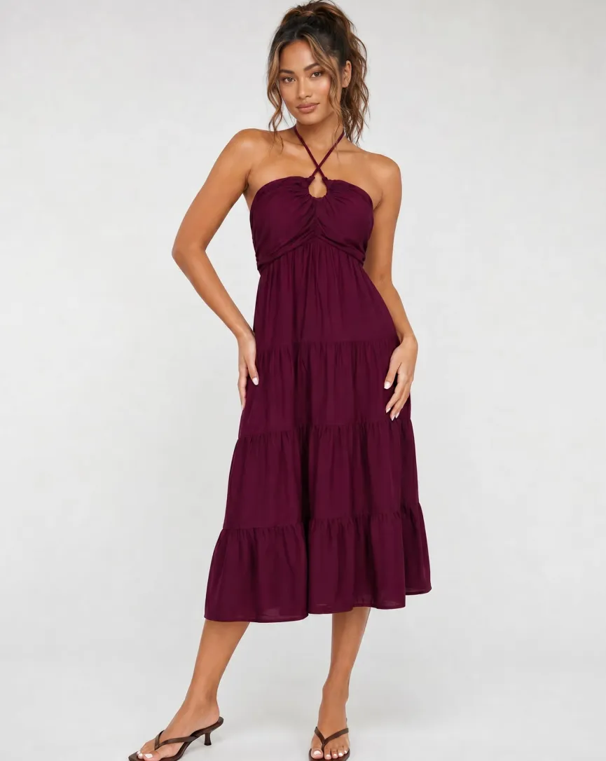 Paarse Halter Midi Jurk met Volants en Elastische Band