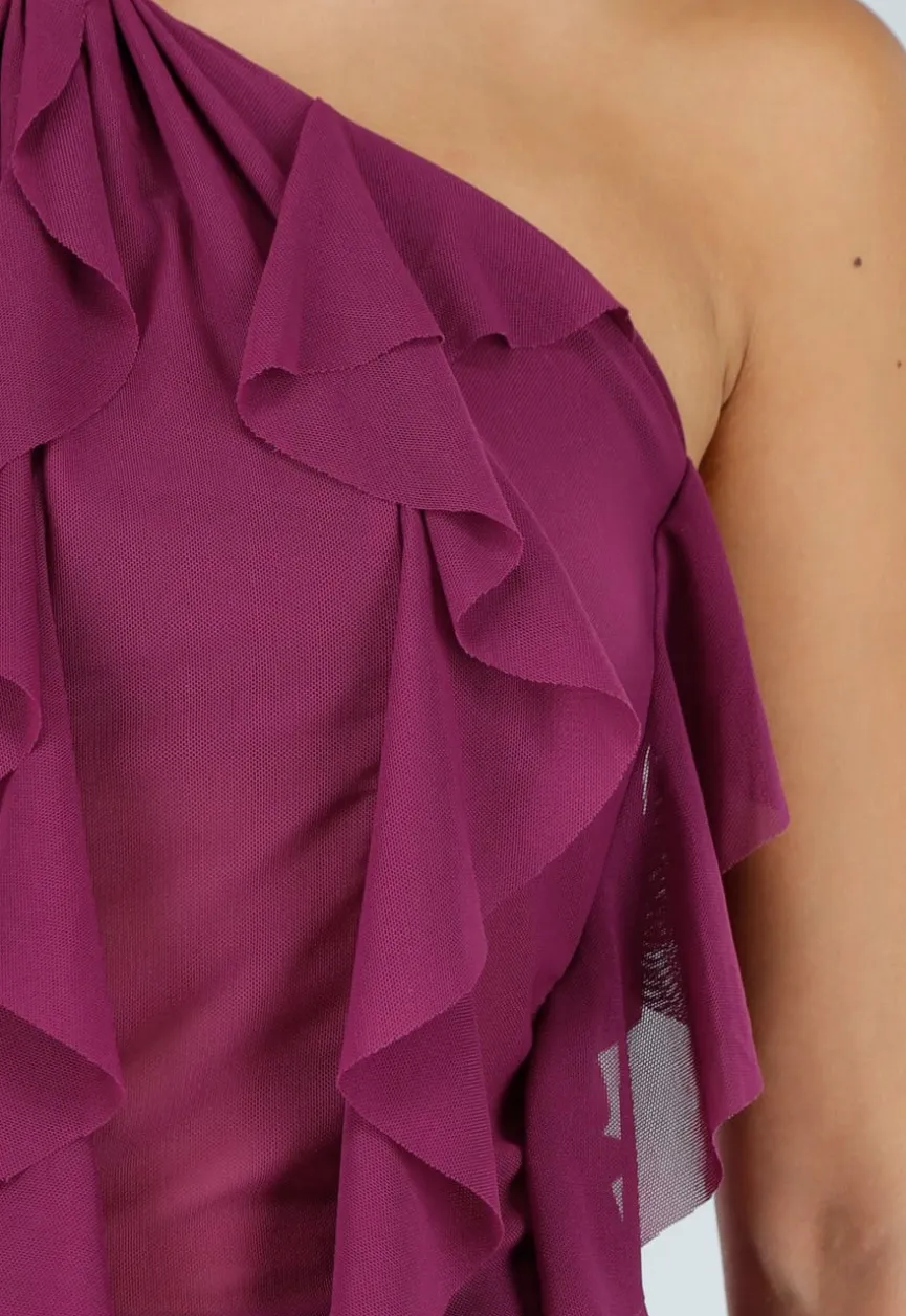 Paarse Haltertop met Volants en Gouden Detail