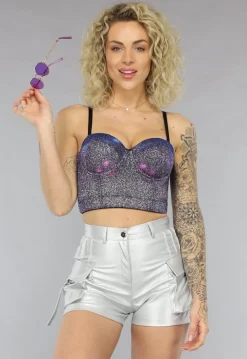 Paarse Holografische Glitter Bustier met Voorgevormde Cups