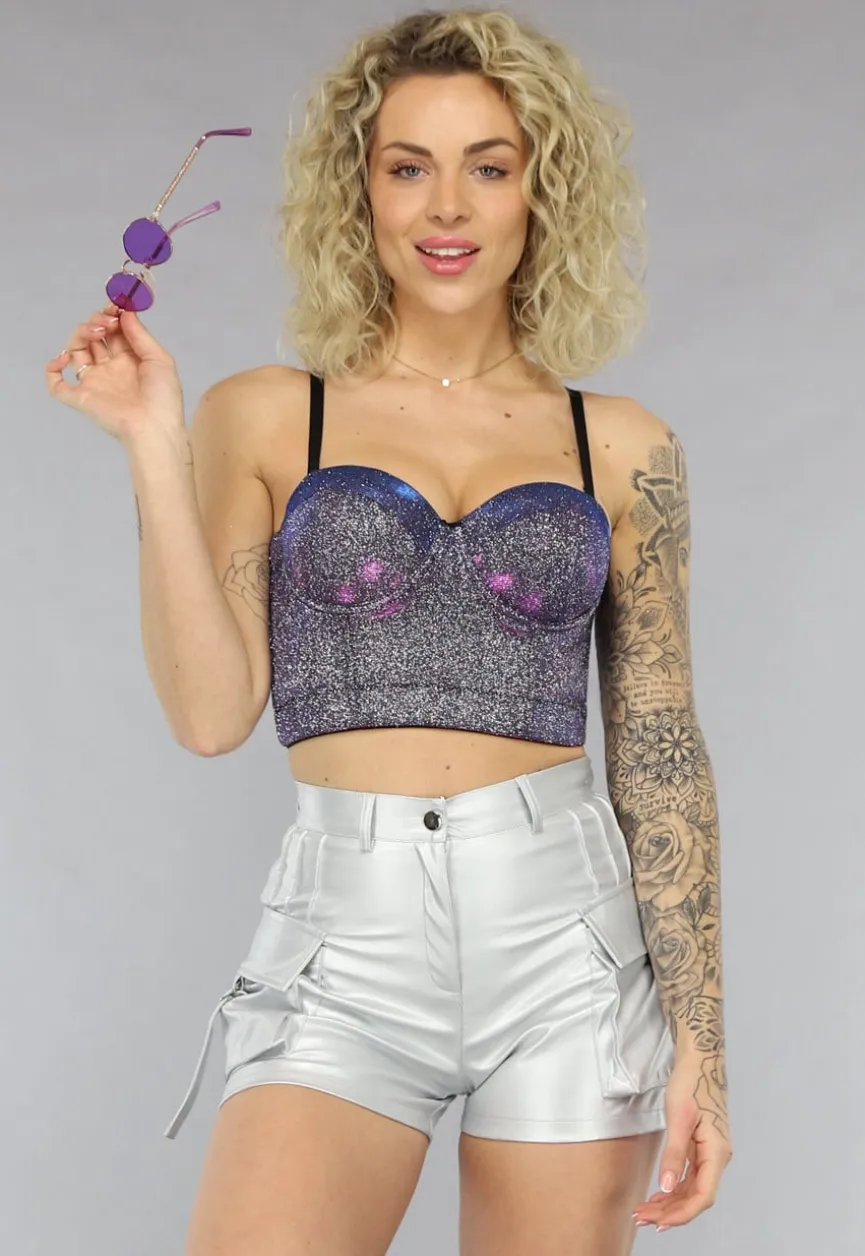 Paarse Holografische Glitter Bustier met Voorgevormde Cups