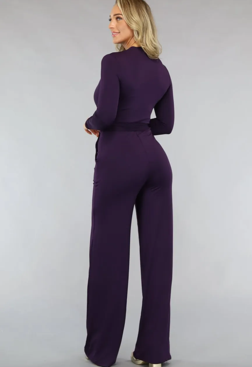 Paarse Jumpsuit met Wijde Pijpen en Tailleband