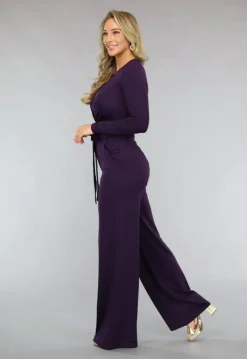 Paarse Jumpsuit met Wijde Pijpen en Tailleband