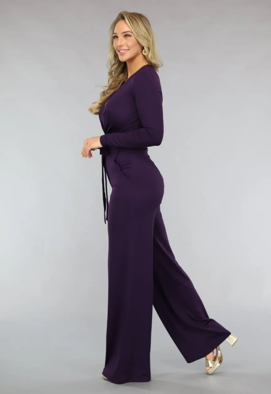 Paarse Jumpsuit met Wijde Pijpen en Tailleband
