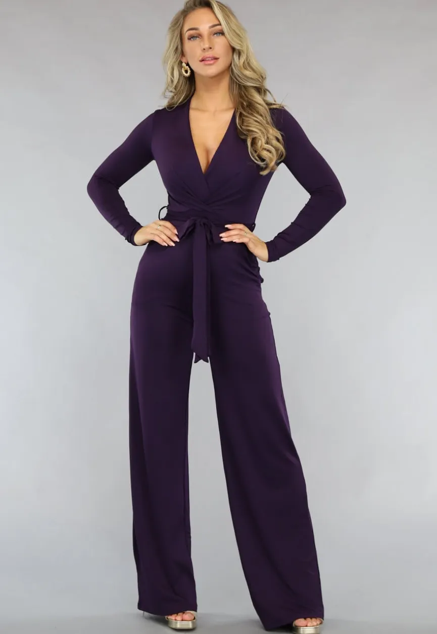 Paarse Jumpsuit met Wijde Pijpen en Tailleband