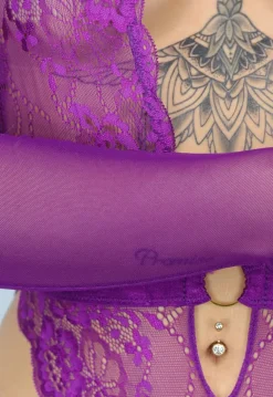Paarse Kanten Lingerie Set met Handschoenen