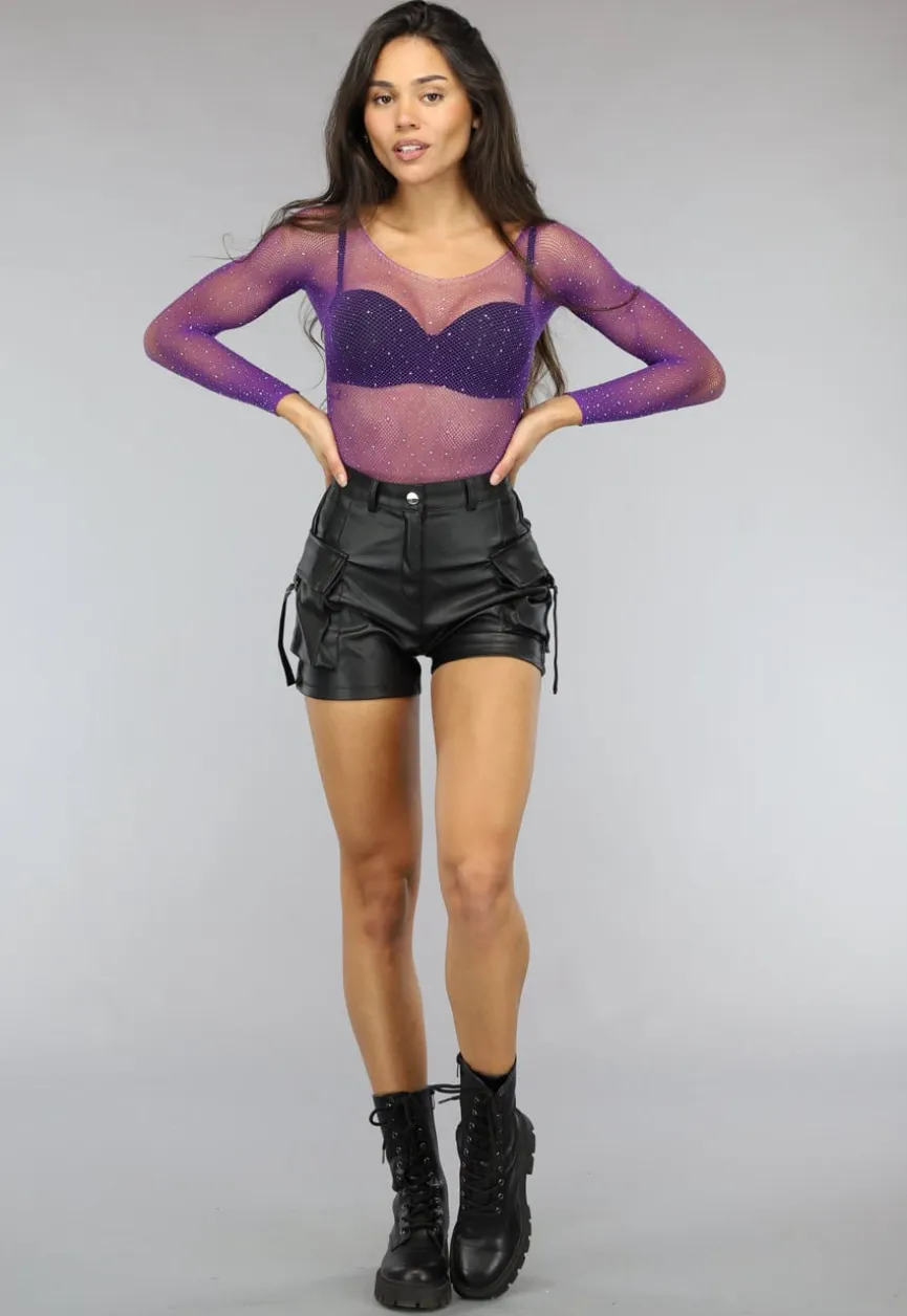 Paarse Longsleeve Bodysuit met Strass Steentjes