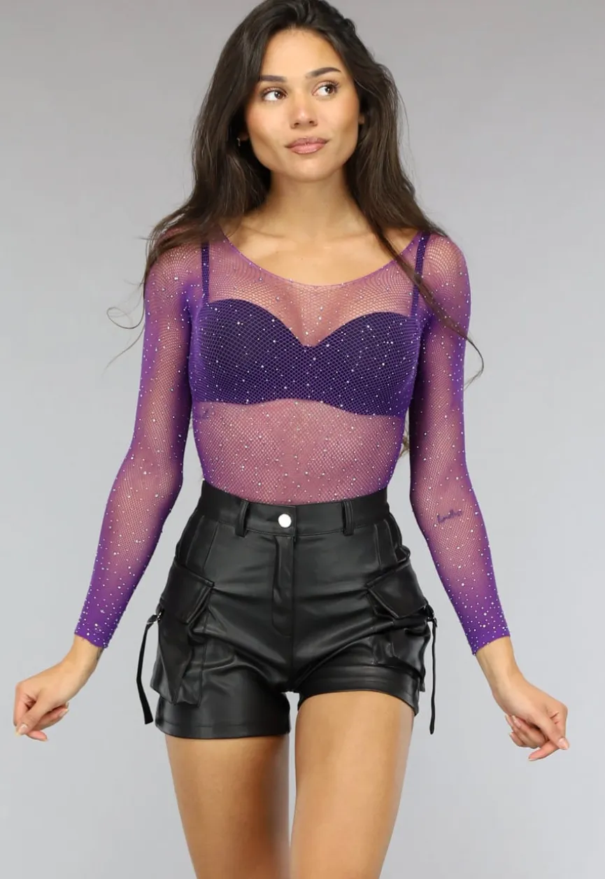 Paarse Longsleeve Bodysuit met Strass Steentjes