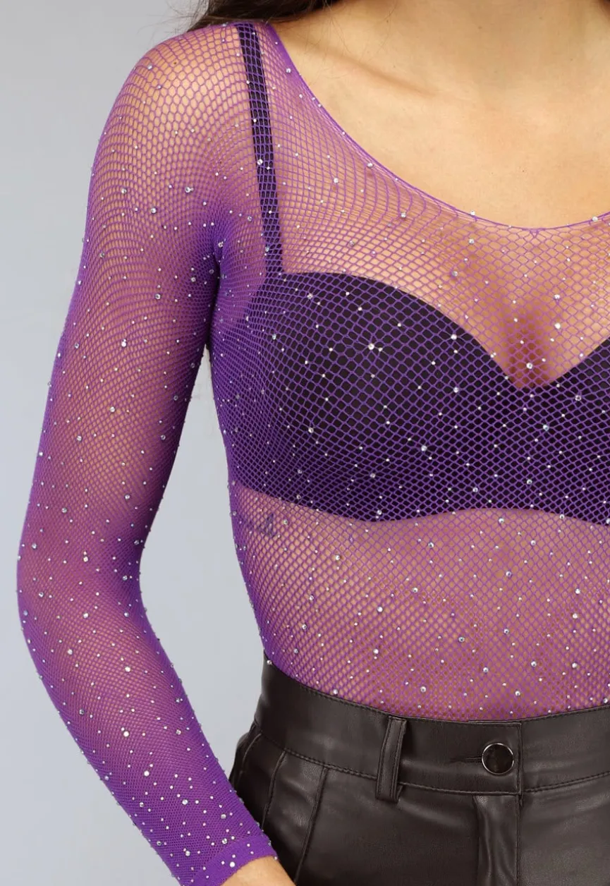 Paarse Longsleeve Bodysuit met Strass Steentjes