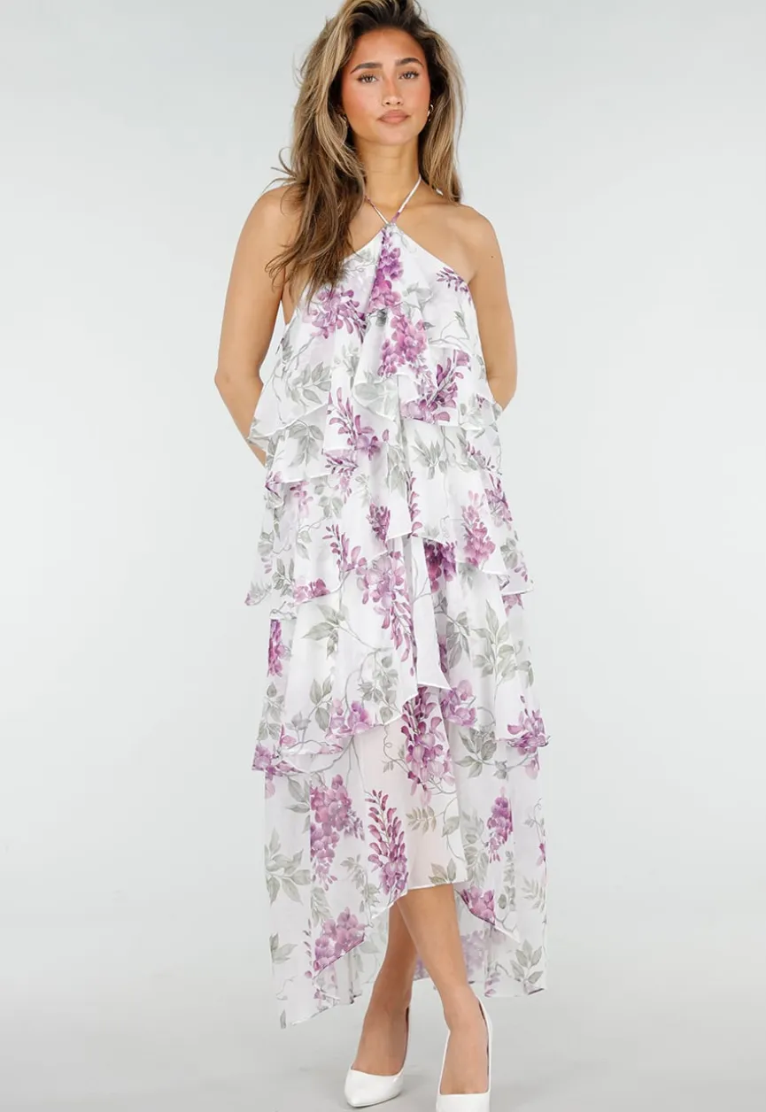 Paarse Maxi Halter Jurk met Bloemenprint en Gelaagde Ruches