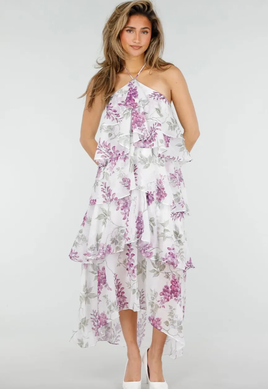 Paarse Maxi Halter Jurk met Bloemenprint en Gelaagde Ruches
