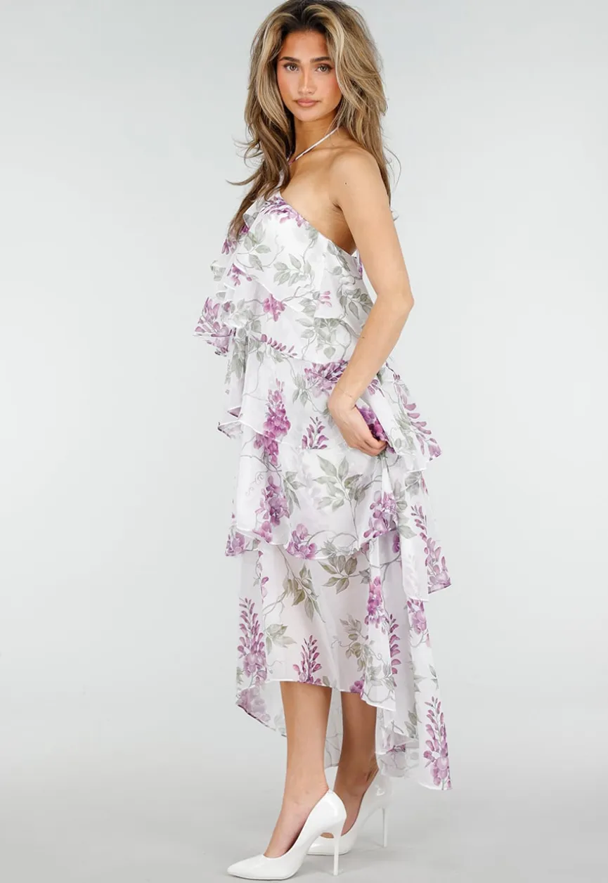 Paarse Maxi Halter Jurk met Bloemenprint en Gelaagde Ruches