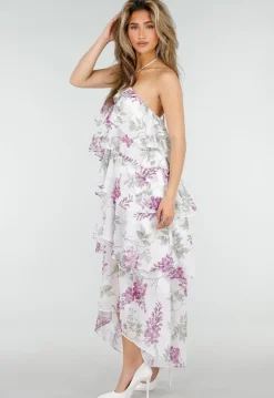 Paarse Maxi Halter Jurk met Bloemenprint en Gelaagde Ruches