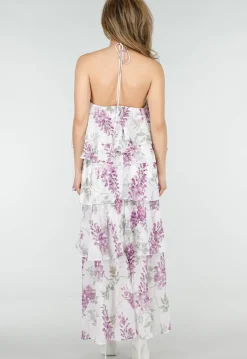 Paarse Maxi Halter Jurk met Bloemenprint en Gelaagde Ruches