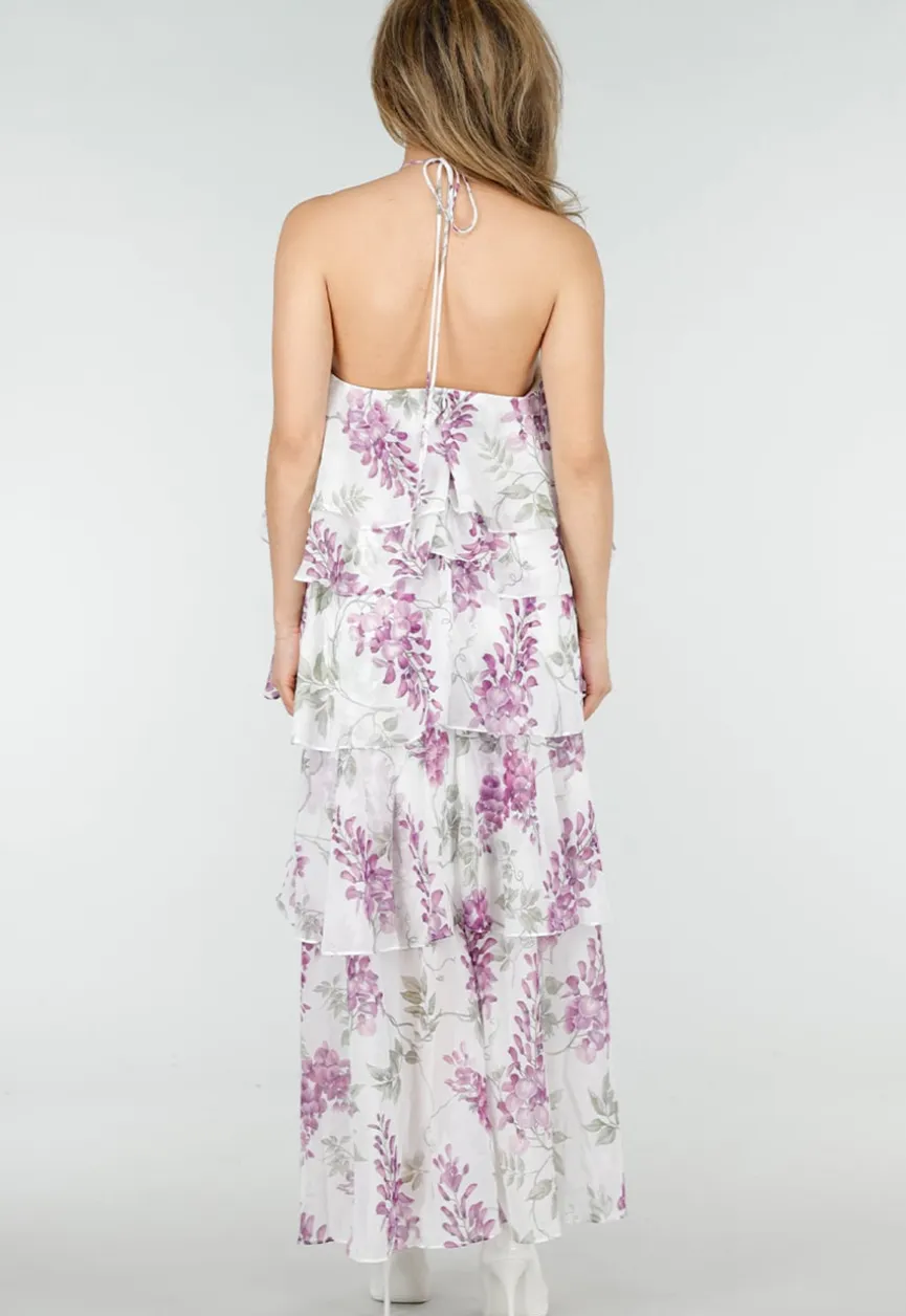 Paarse Maxi Halter Jurk met Bloemenprint en Gelaagde Ruches
