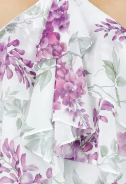 Paarse Maxi Halter Jurk met Bloemenprint en Gelaagde Ruches