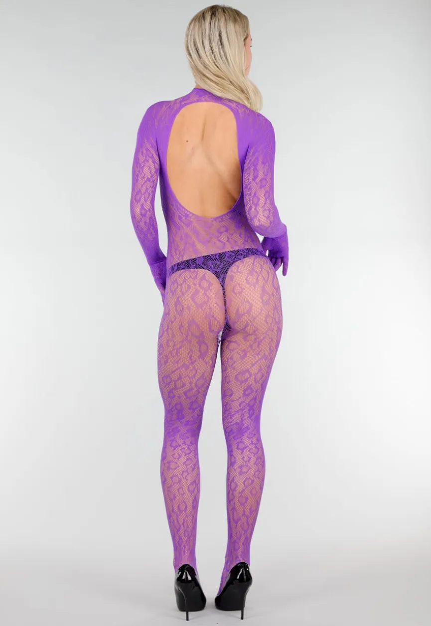 Paarse Mesh Bodystocking met Lange Mouwen
