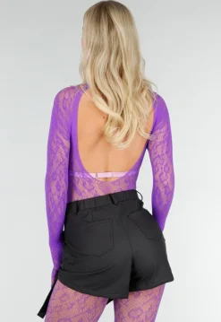 Paarse Mesh Bodystocking met Lange Mouwen