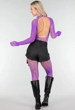 Paarse Mesh Bodystocking met Lange Mouwen