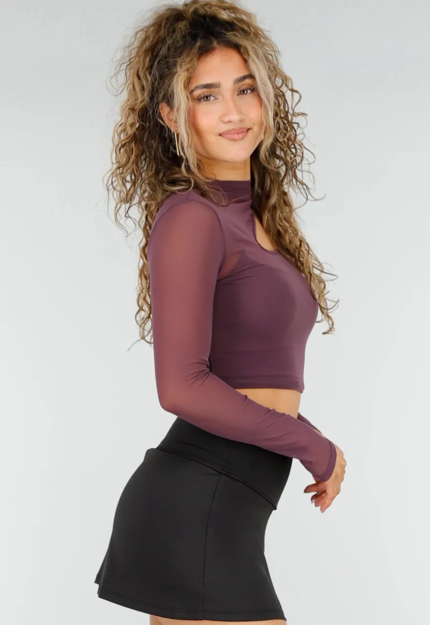 Paarse Mesh Crop Top met Lange Mouwen en Cut Out