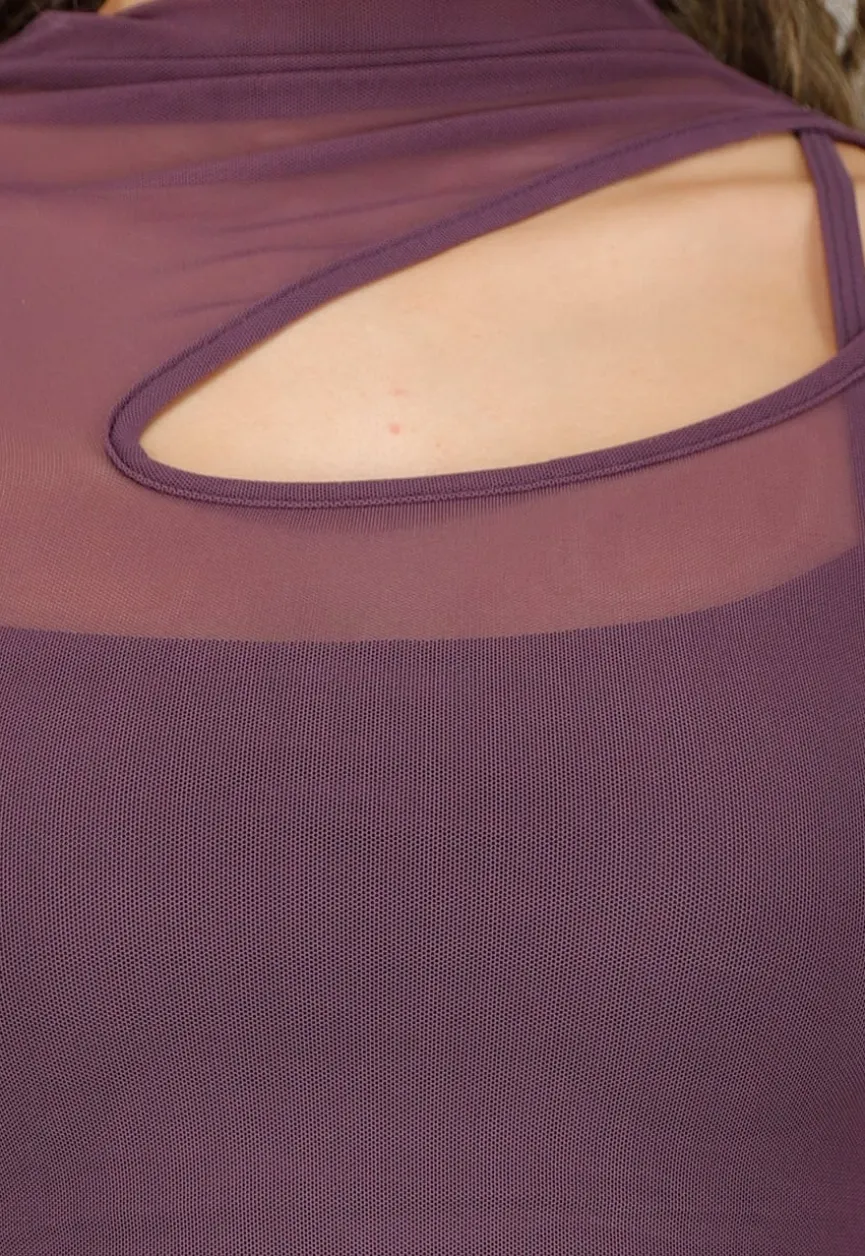 Paarse Mesh Crop Top met Lange Mouwen en Cut Out