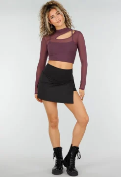 Paarse Mesh Crop Top met Lange Mouwen en Cut Out