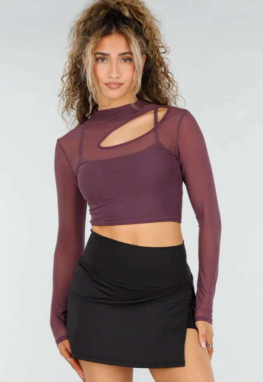 Paarse Mesh Crop Top met Lange Mouwen en Cut Out