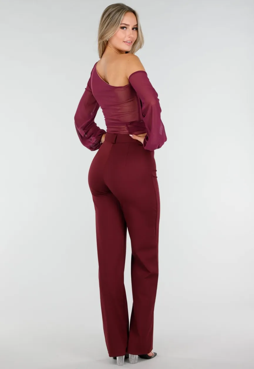 Paarse One Shoulder Top met Afneembare Mouw en Stretch