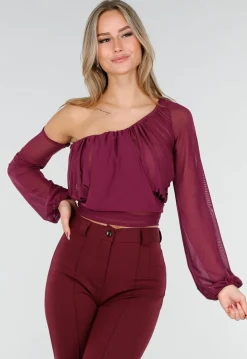 Paarse One Shoulder Top met Afneembare Mouw en Stretch