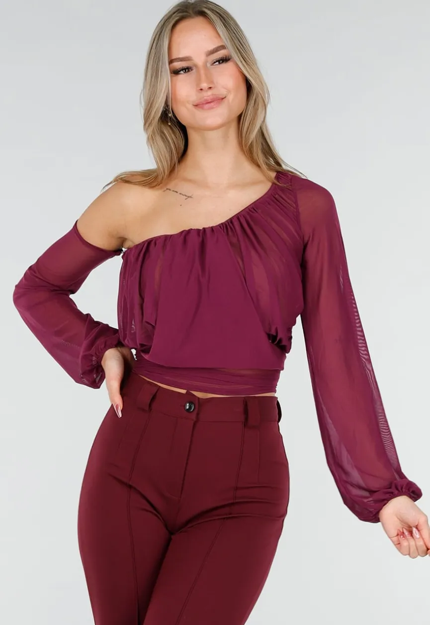Paarse One Shoulder Top met Afneembare Mouw en Stretch